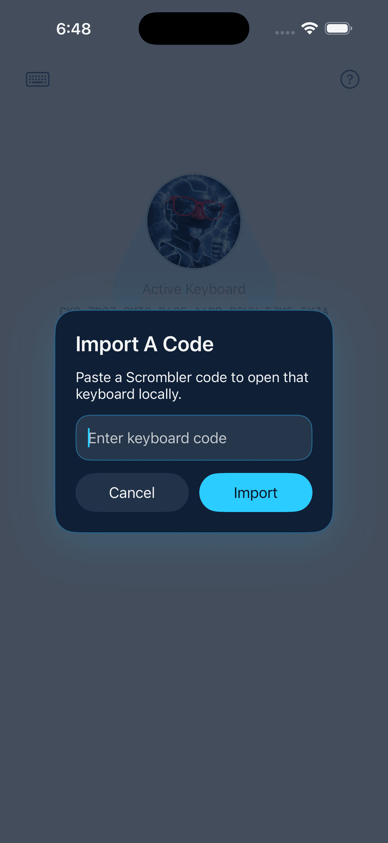 Scrombler import code screen.