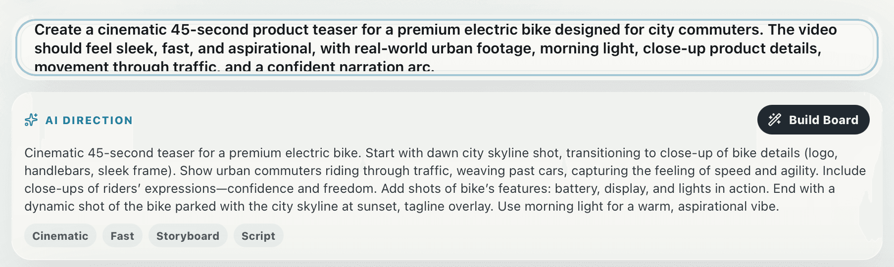 Cutboard AI direction panel refining an electric bike teaser prompt.