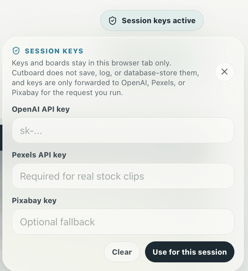 Cutboard session API key settings.