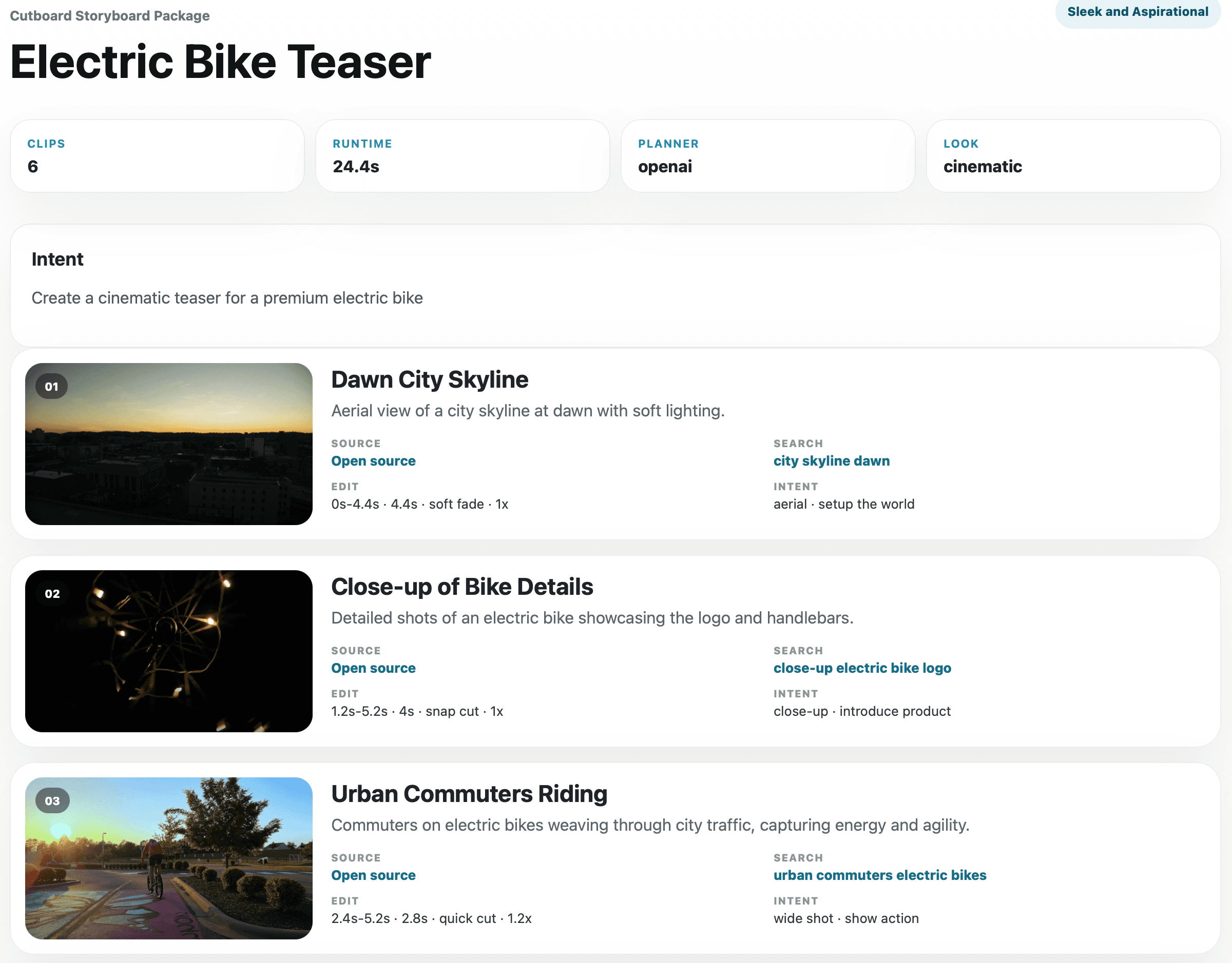 Cutboard storyboard package with source links and clip details.
