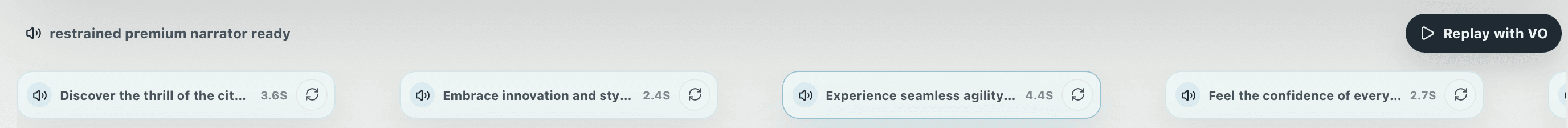 Cutboard voiceover controls for regenerating narration beats.