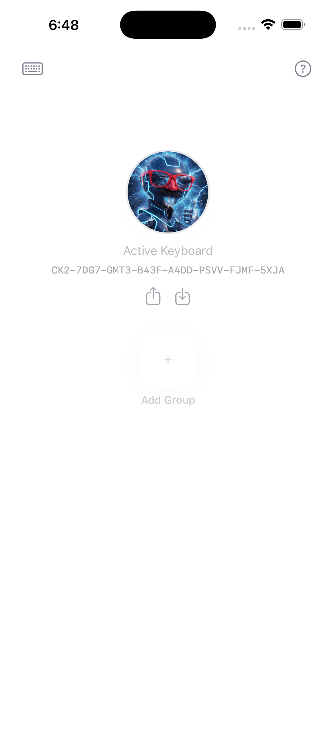 Scrombler main app screen showing an active keyboard code.