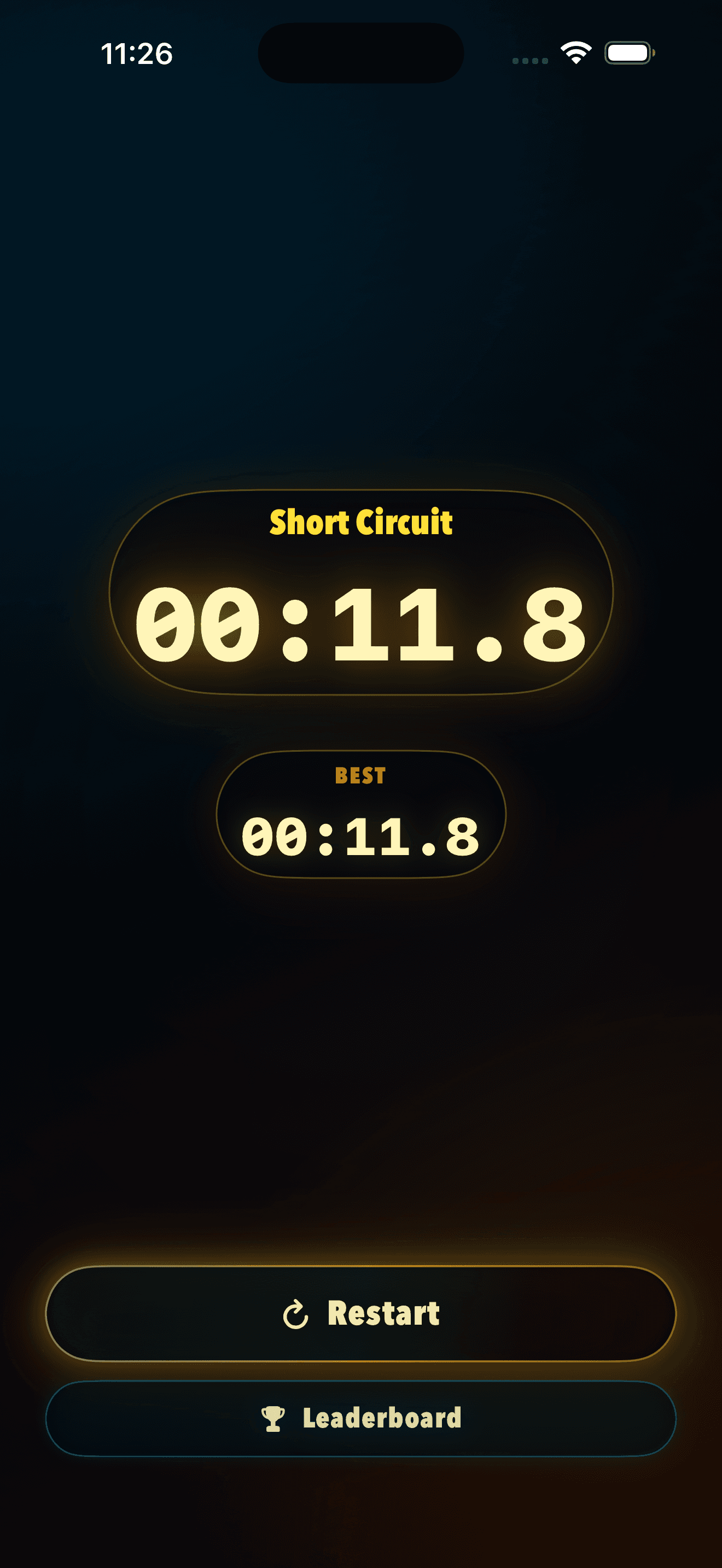 Exploding Brain result screen showing flow duration and leaderboard button.